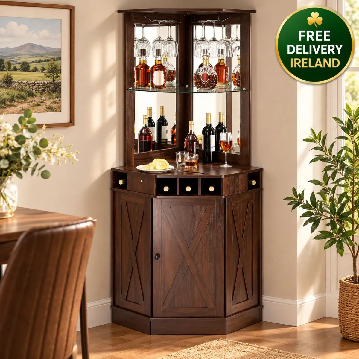 Industrial Corner Bar Cabinet with Wine Rack & Gla - Image 1
