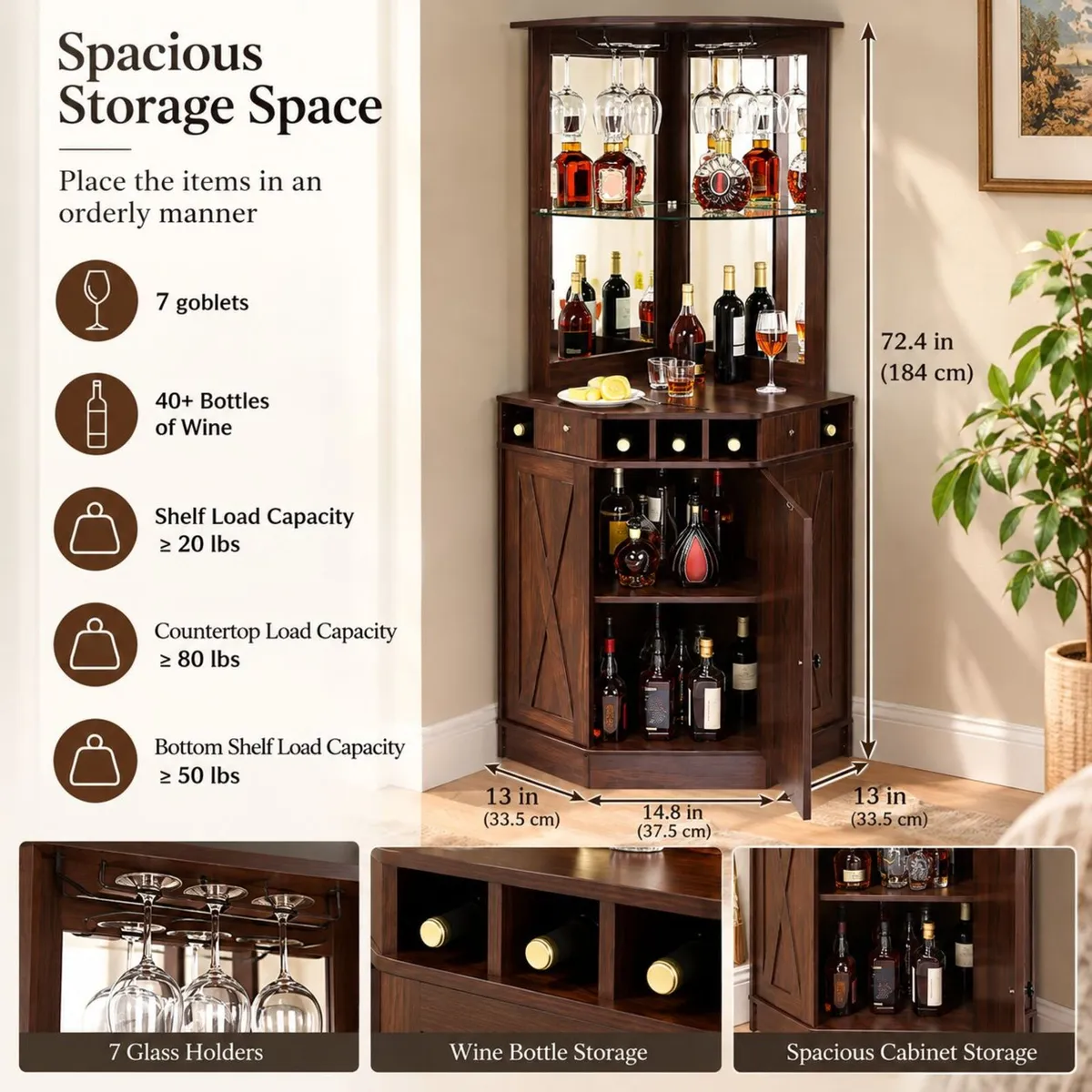 Industrial Corner Bar Cabinet with Wine Rack & Gla - Image 3