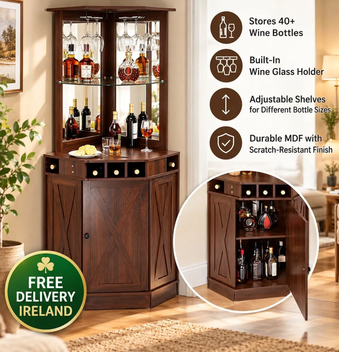 Industrial Corner Bar Cabinet with Wine Rack & Gla - Image 4