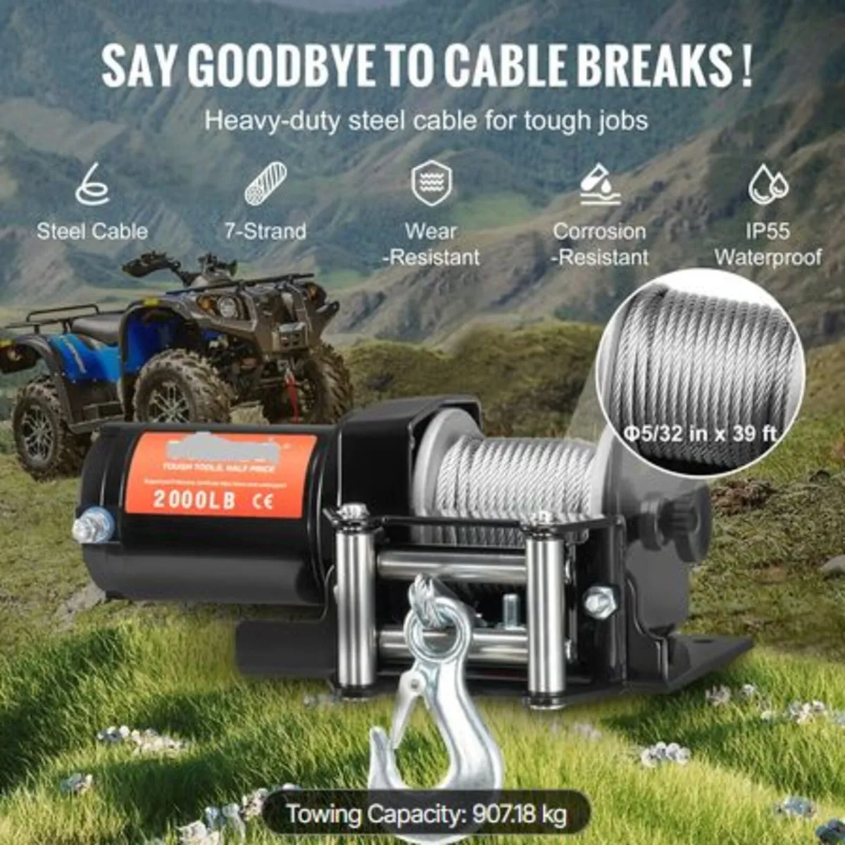Electric Winch ATV UTV 907.2 kg Steel Cable IP 55 - Image 2