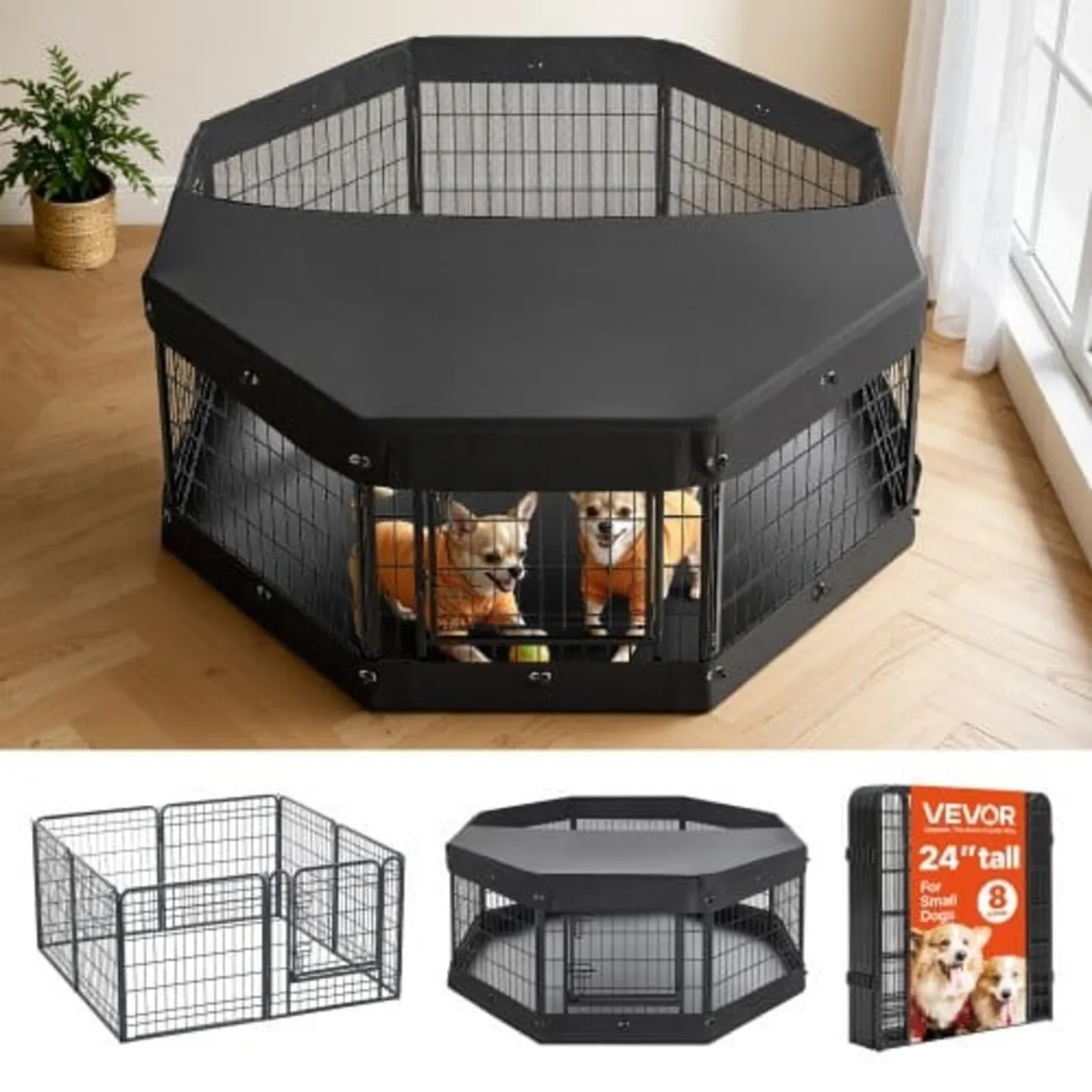 Dog Playpen 61 cm 8 Panels Heavy Duty with Top Cov - Image 1