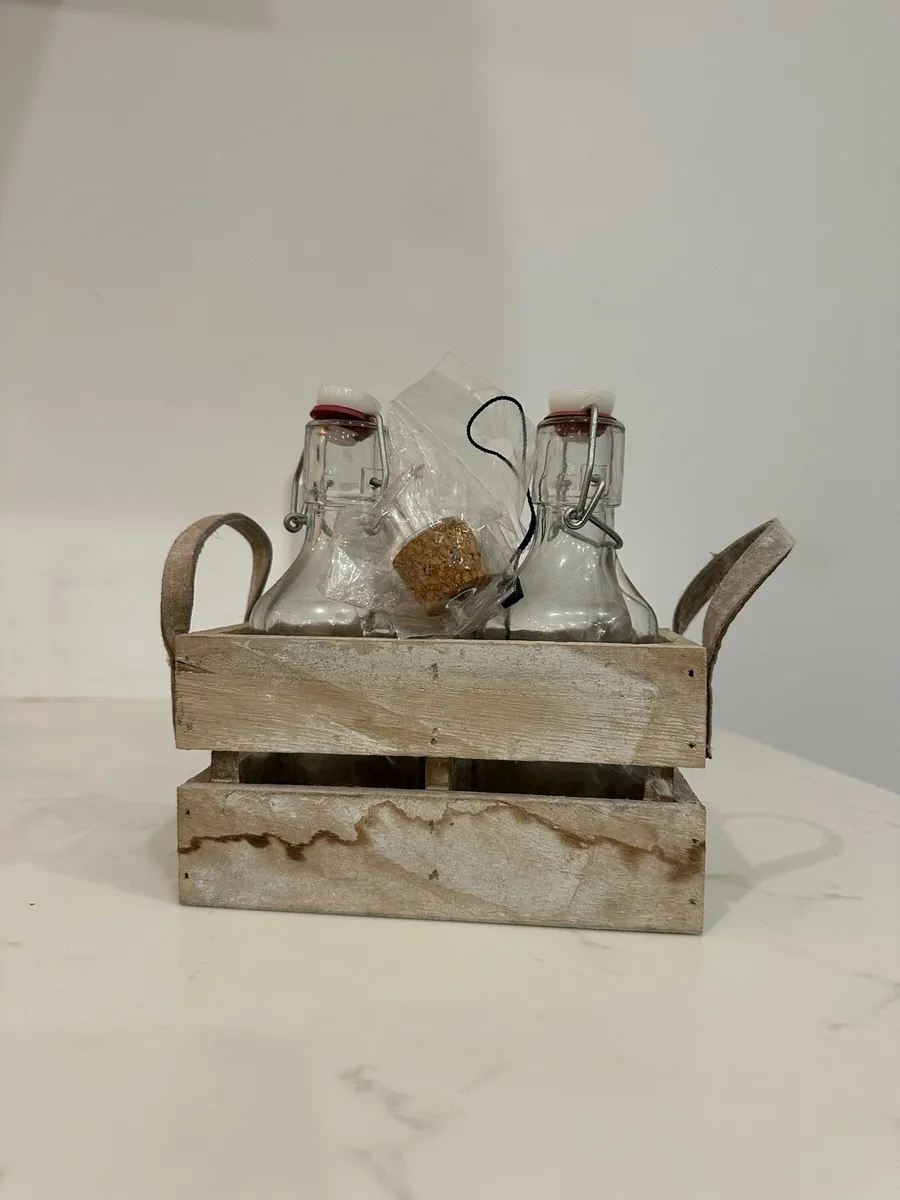 Rustic Wooden Bottle Carrier with 2 Glass Bottles - Image 1