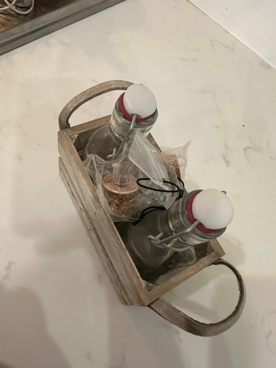 Rustic Wooden Bottle Carrier with 2 Glass Bottles - Image 2