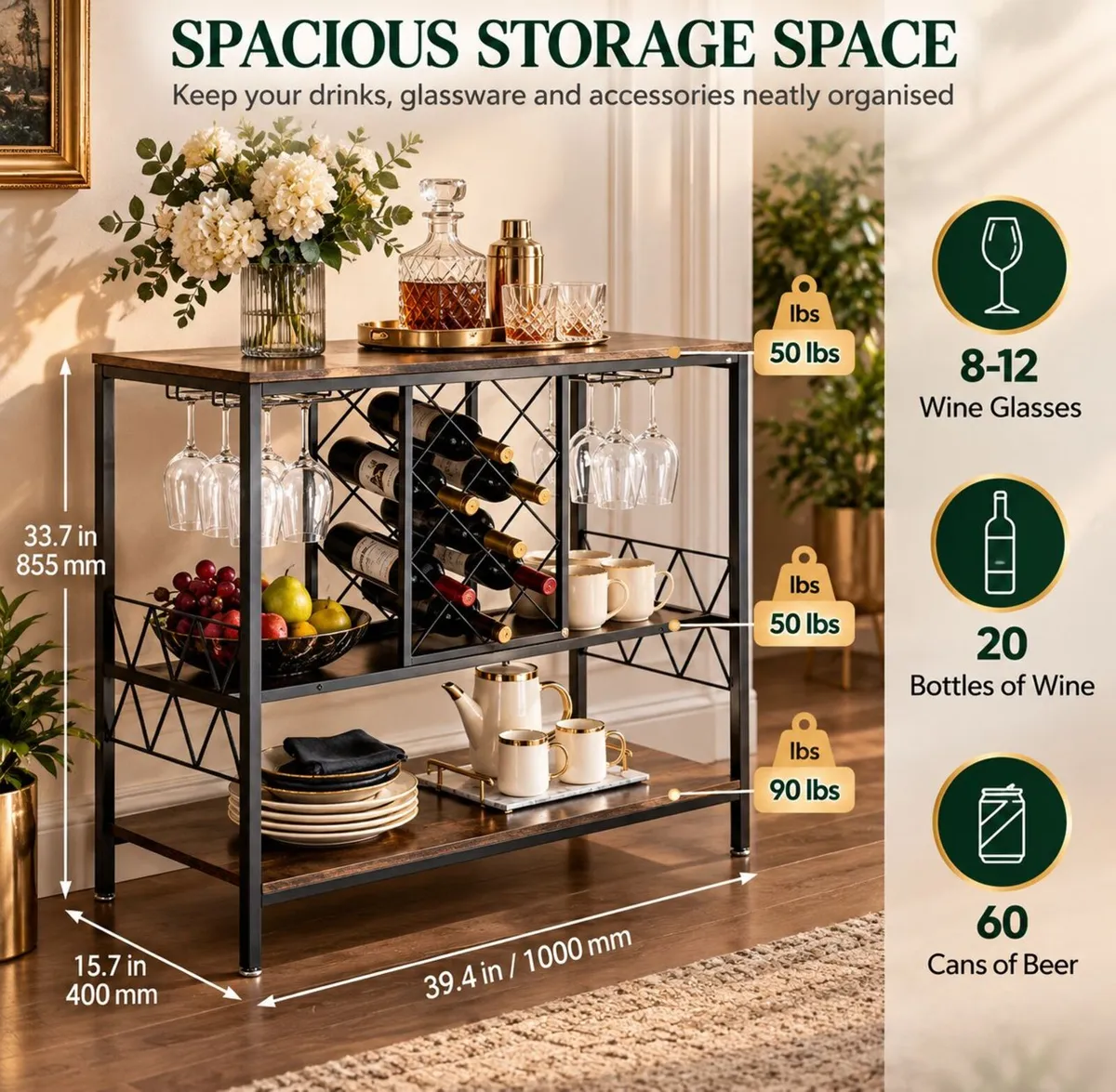 Industrial Bar Cabinet with Wine Rack & Glass Hold - Image 3