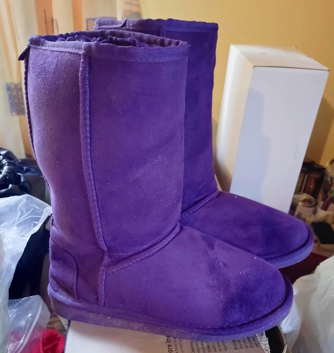 PAIR OF FURRY LINED, PURPLE BOOTS (USED). - Image 1