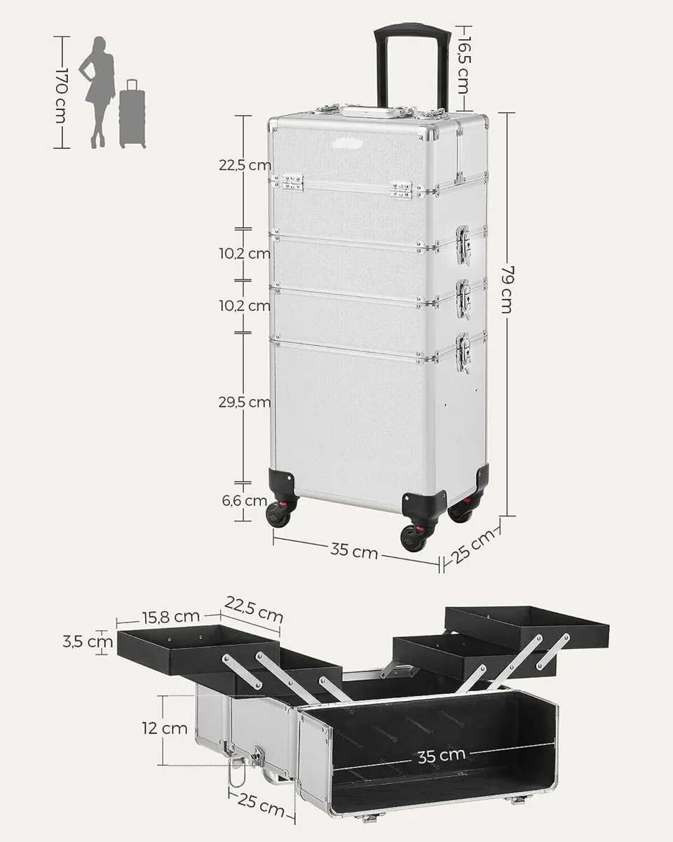 Makeup Trolley Case 4-in-1 Aluminium Silver - Image 1