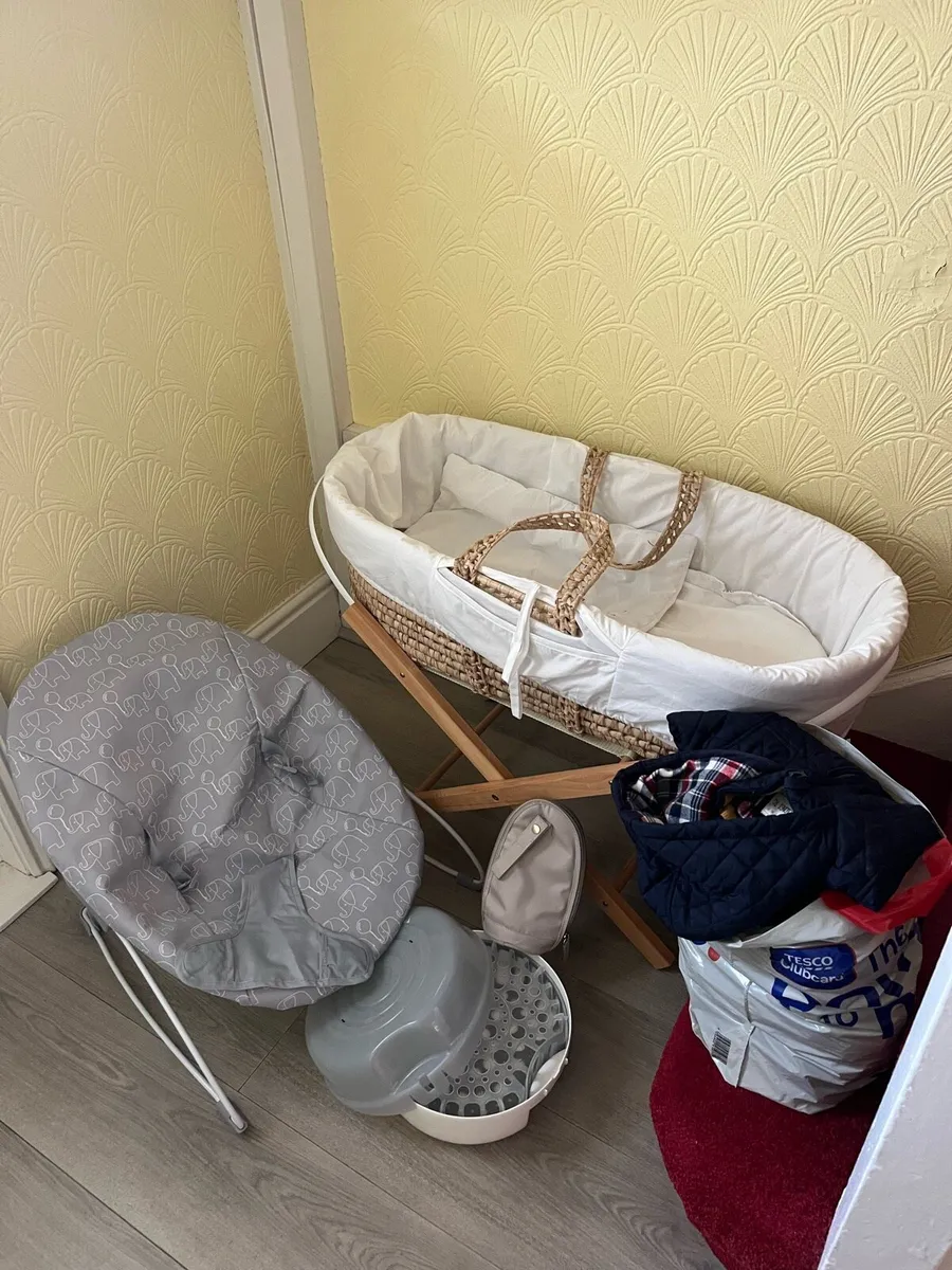 Moses basket, bouncer& microwable steriliser. - Image 1