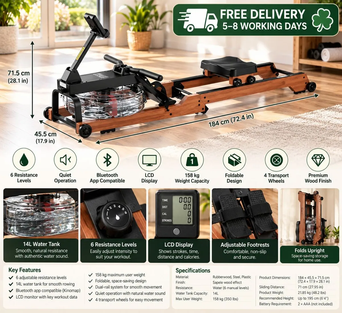 Wooden Water Rowing Machine  Foldable Home Gym Row - Image 2
