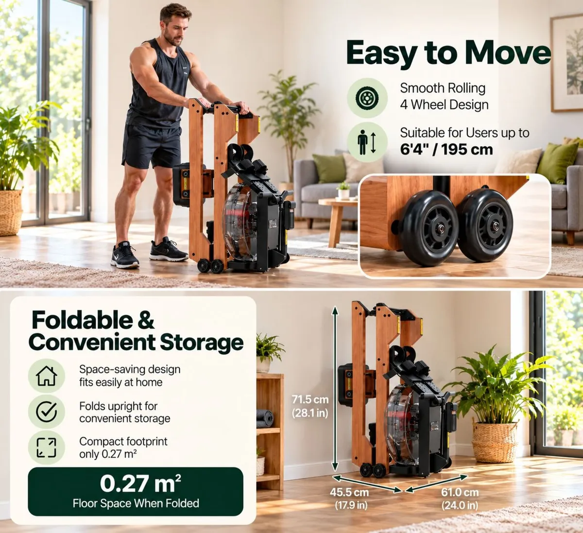 Wooden Water Rowing Machine  Foldable Home Gym Row - Image 3