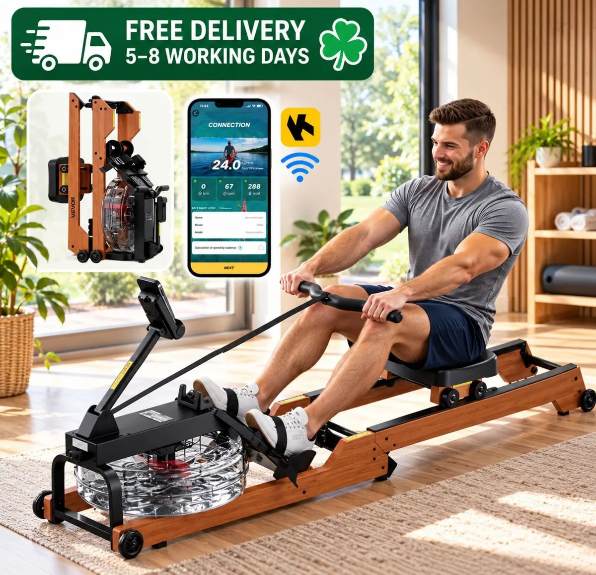 Wooden Water Rowing Machine  Foldable Home Gym Row - Image 1