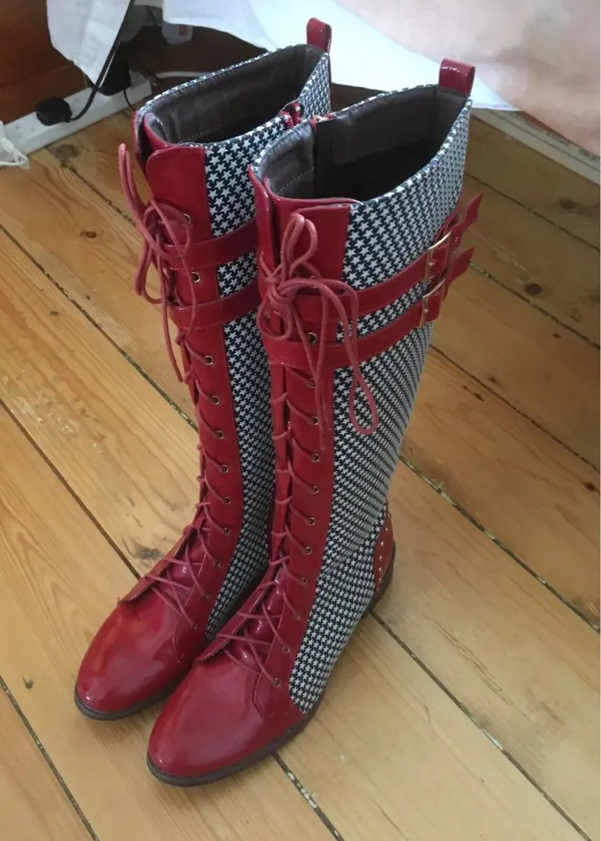 BRAND NEW Red and White Tall Knee Boots, Size 40/7 - Image 1