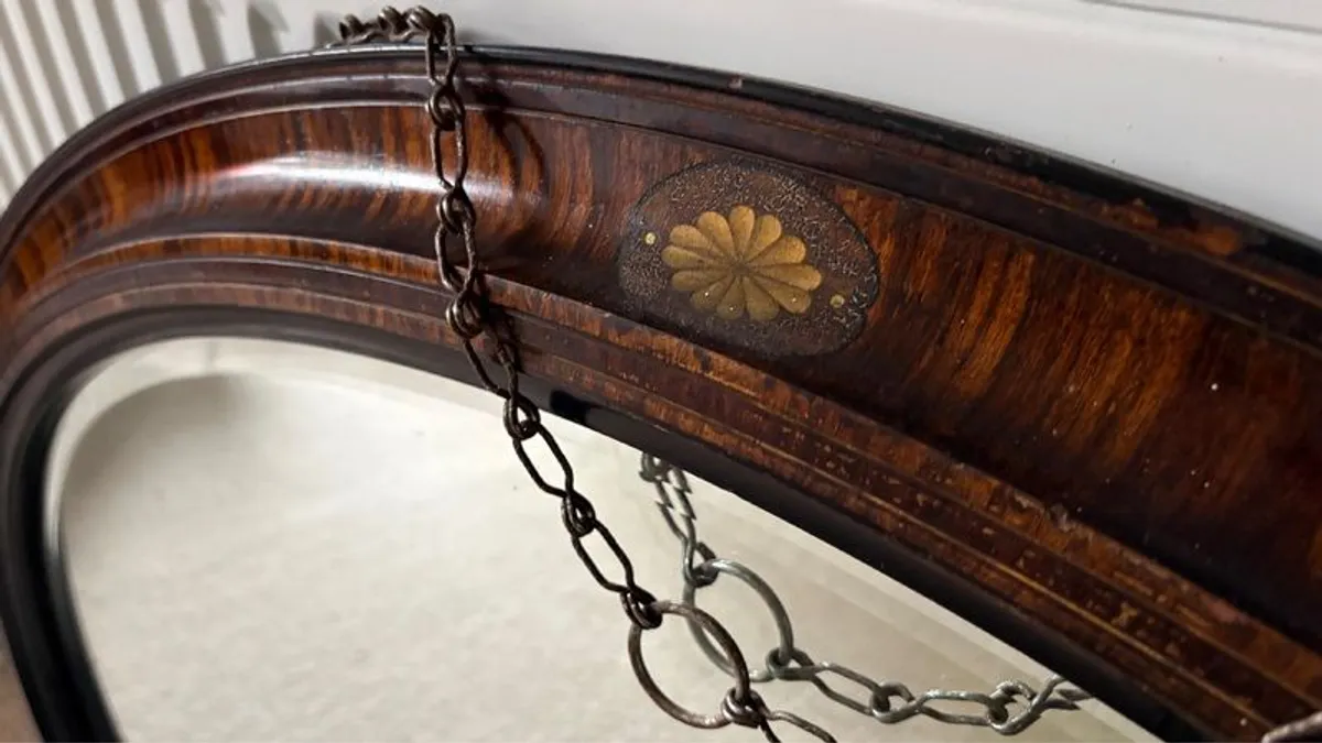 Antique Oval Mahogany Wall Mirror with Inlay & Bevelled Glass - Image 2