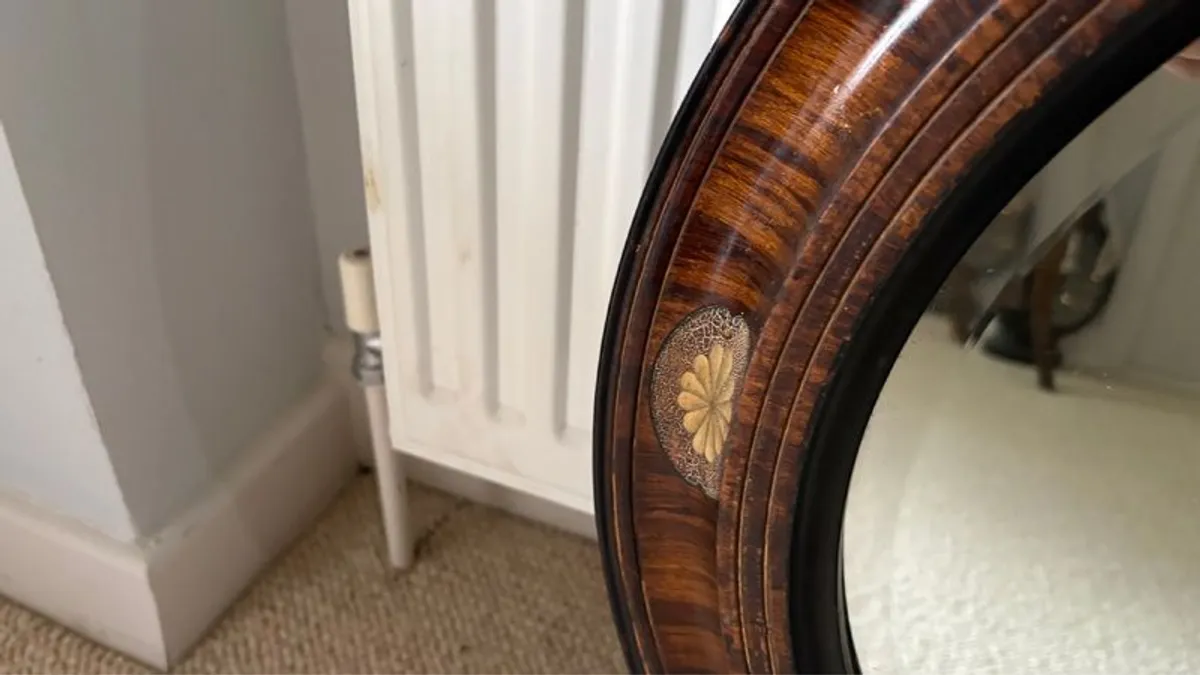 Antique Oval Mahogany Wall Mirror with Inlay & Bevelled Glass - Image 4