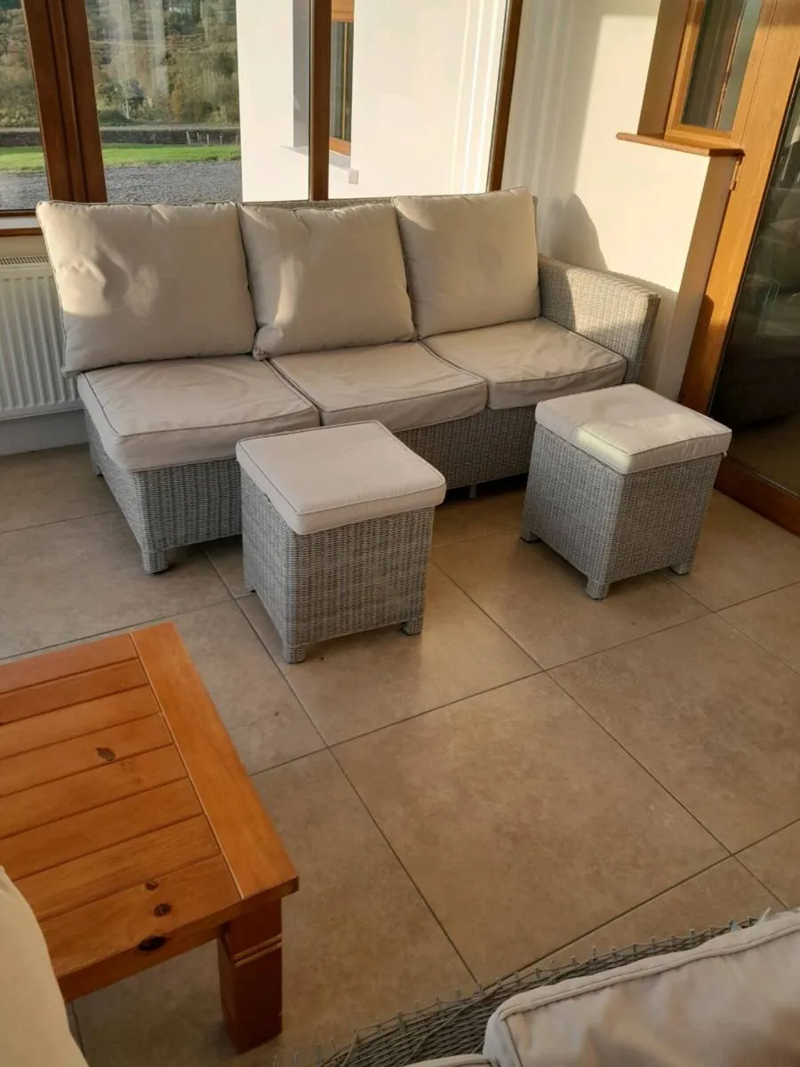Rattan 3 seatter plus 2 stools - Image 1