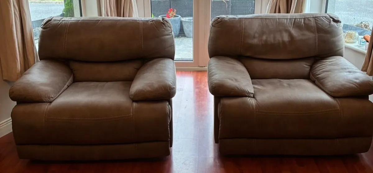 2 Brown suede recliner chairs - Image 1
