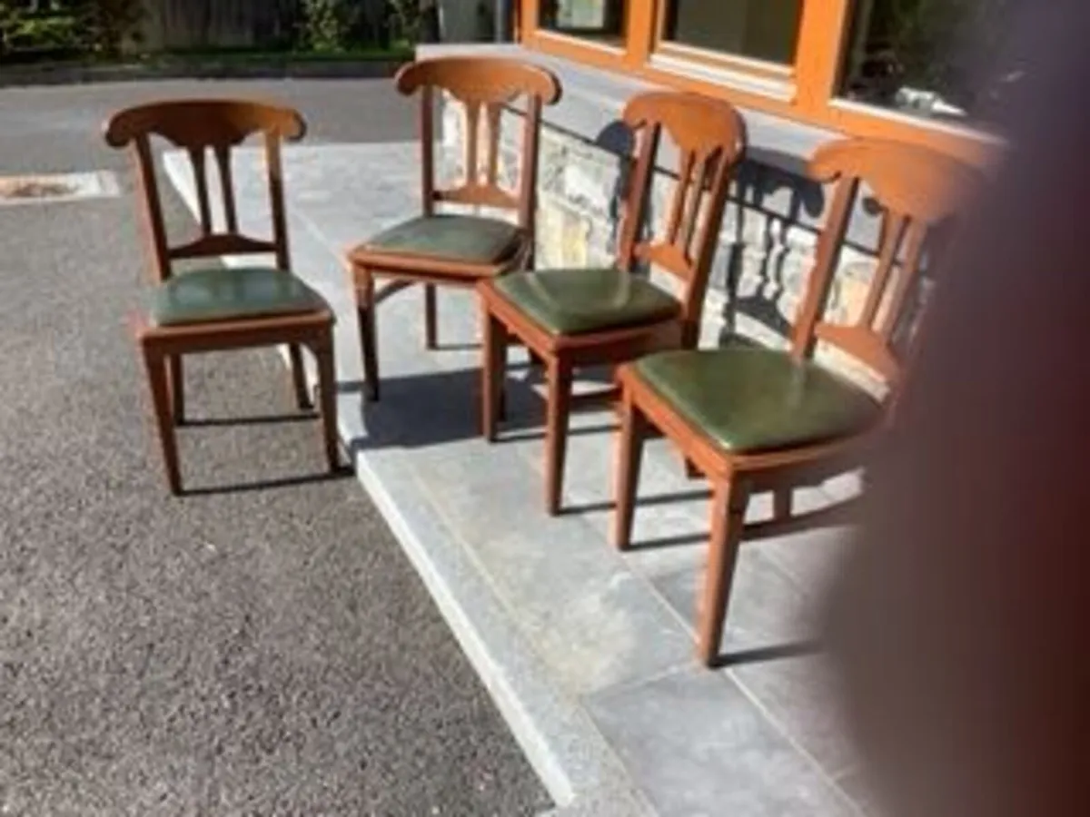 8 Wooden Dining Chairs – Green Leather Seats - Image 1