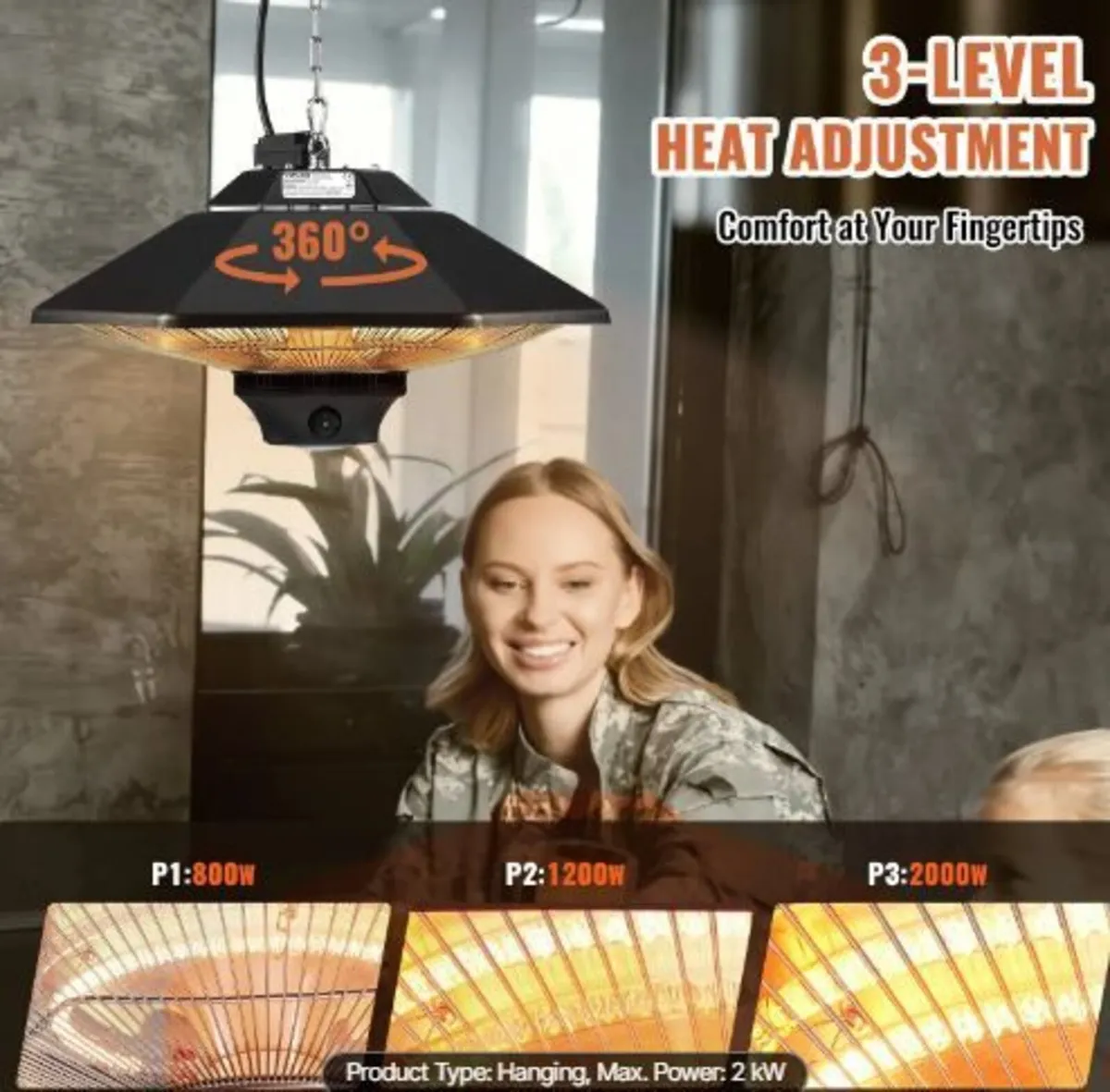 Hanging Patio Heater, 2000W Remote Control - Image 4