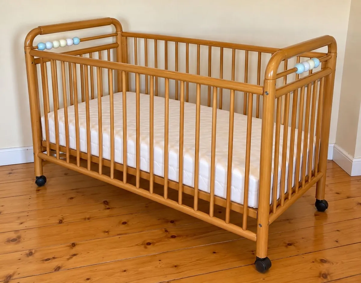 Large Wooden Baby Cot with Mattress – Natural Wood - Image 1