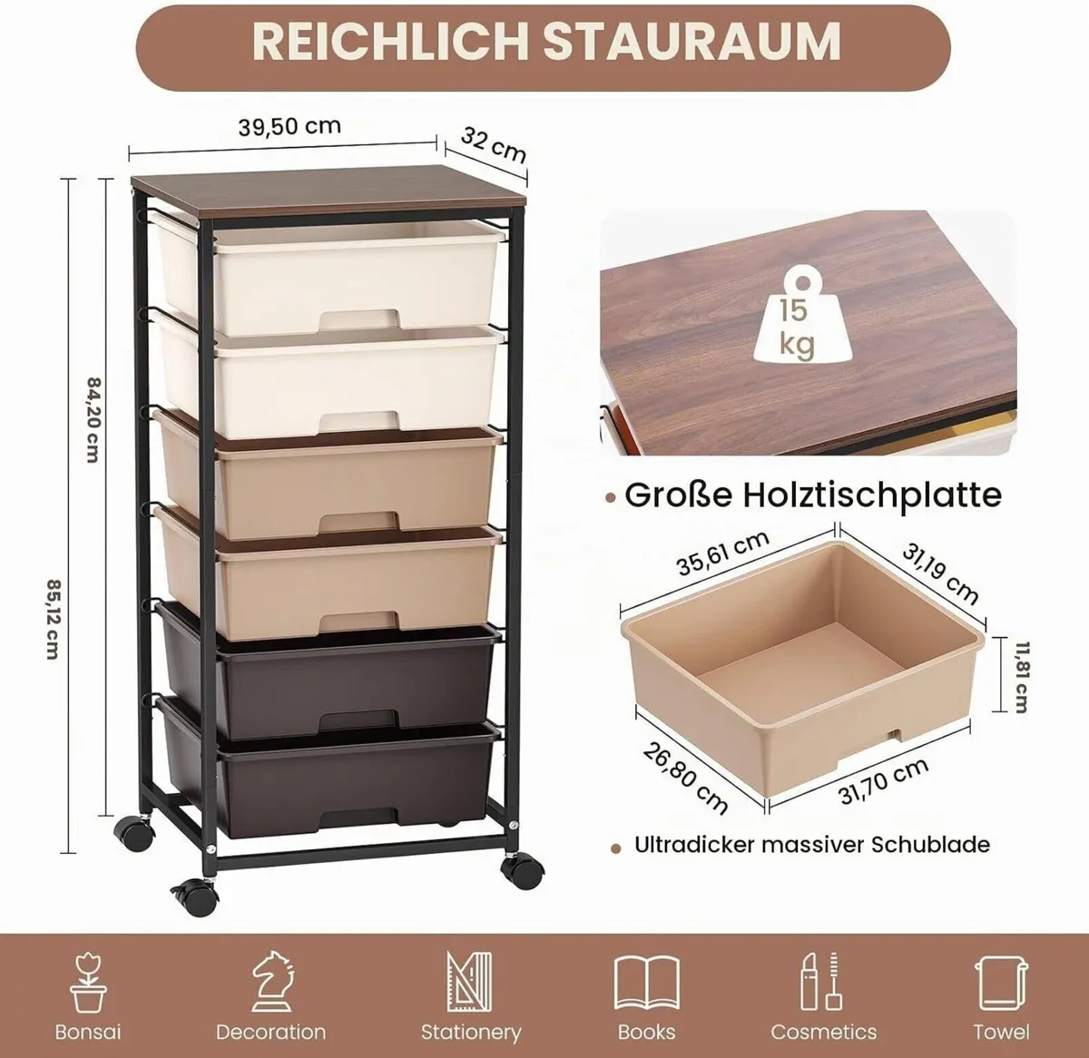 6-Drawer Rolling Storage Cart with Tabletop - Image 3