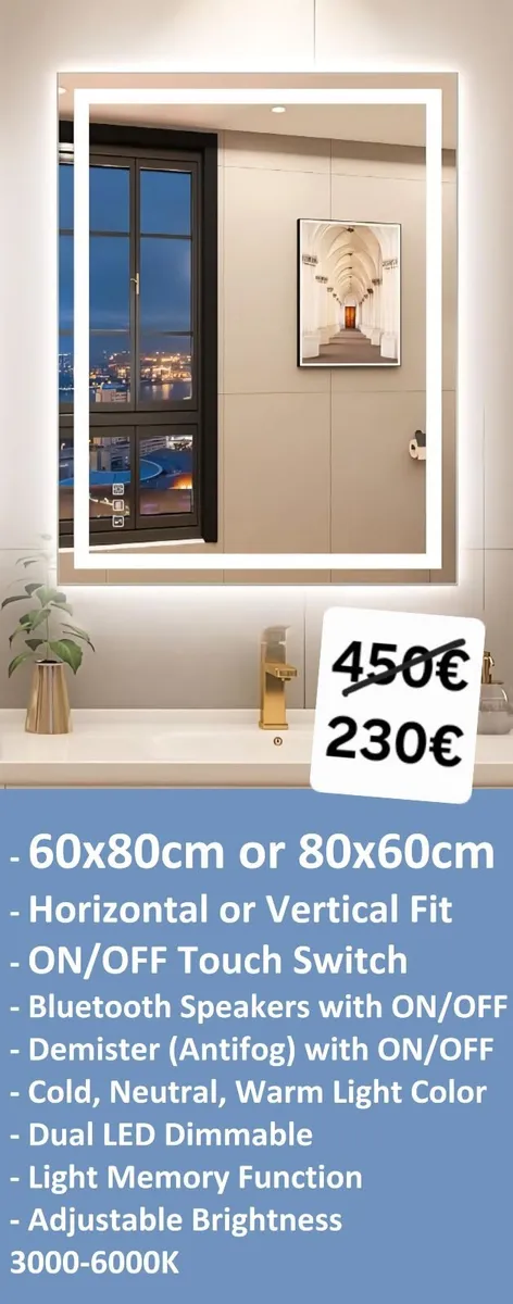 LED Bathroom Mirror 60x80cm Demister Bluetooth - Image 1