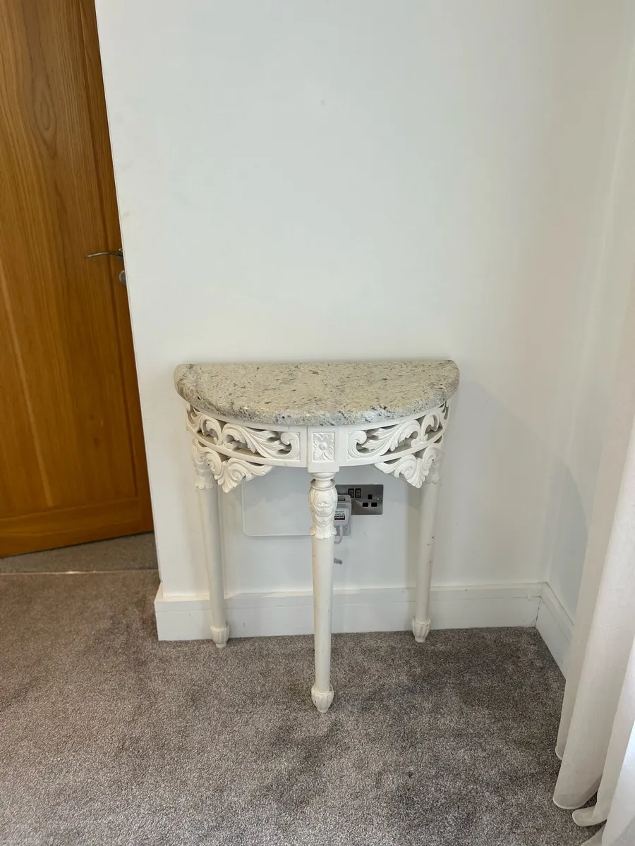 ornate half-moon console table with a granite top - Image 2