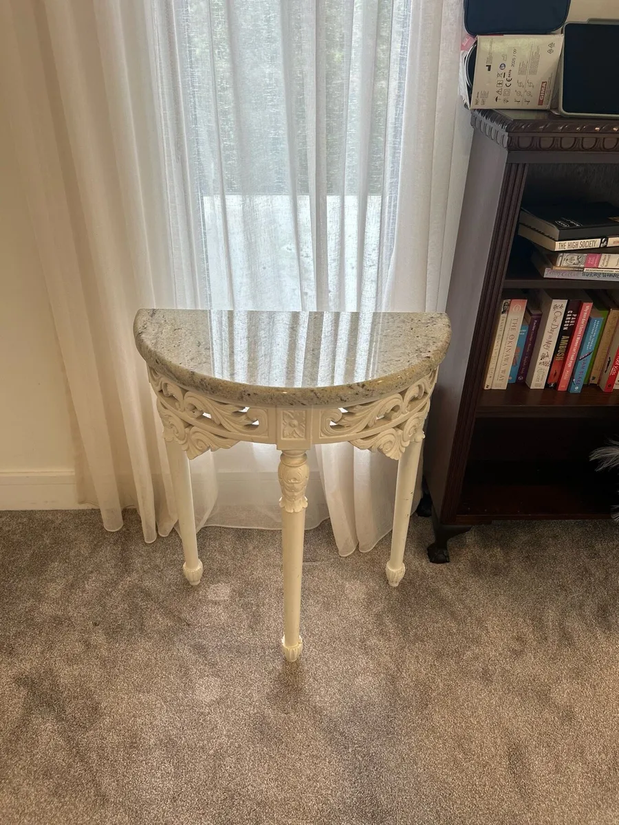 ornate half-moon console table with a granite top - Image 4