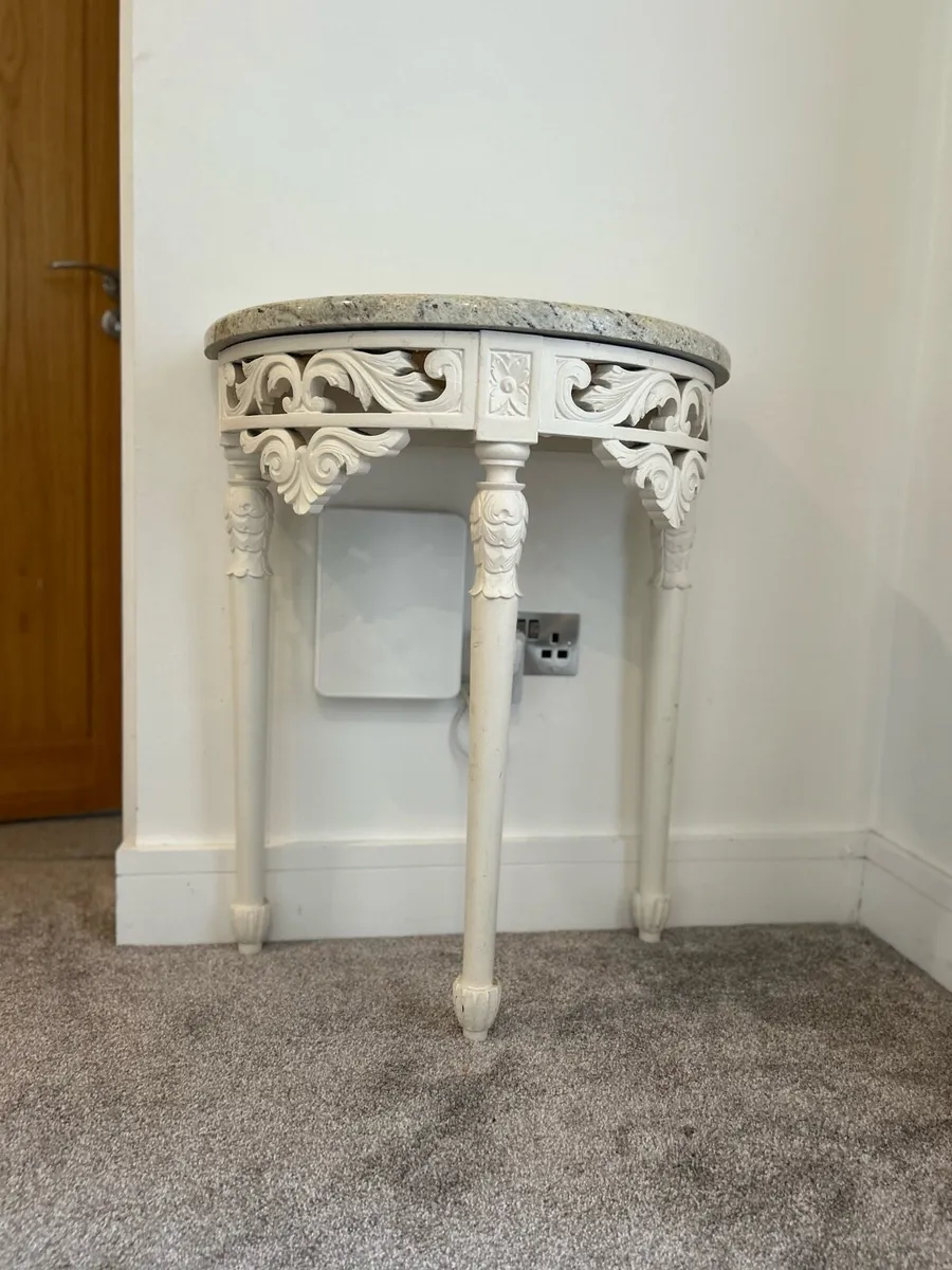 ornate half-moon console table with a granite top - Image 3