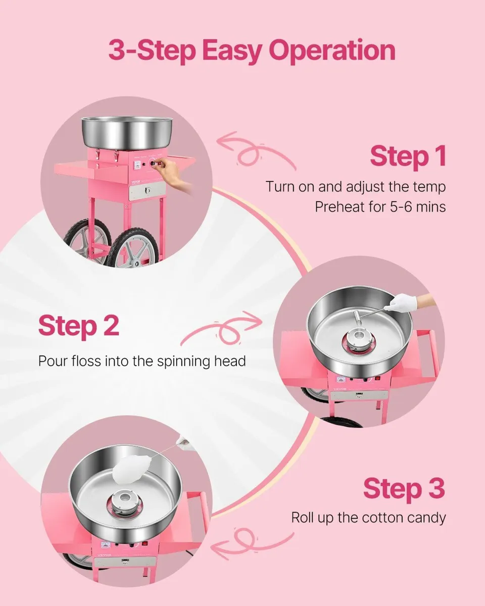 Pink Candy Floss Machine with Cart, 1000W - Image 3