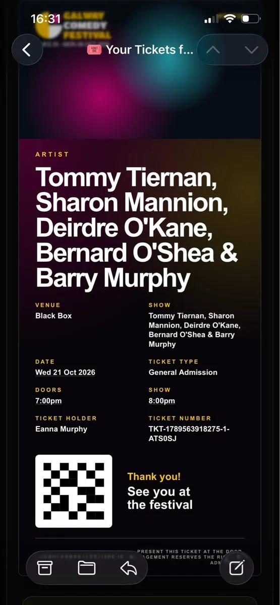 4 Tommy Tiernan tickets, Leisureland 21 oct 26