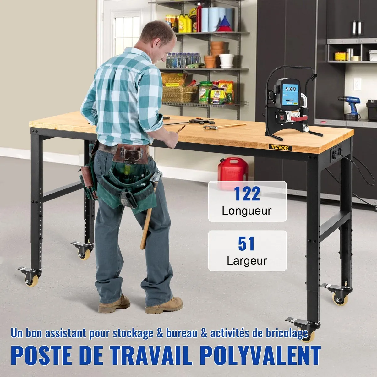 Adjustable Height Workbench 122cm with Casters - Image 2