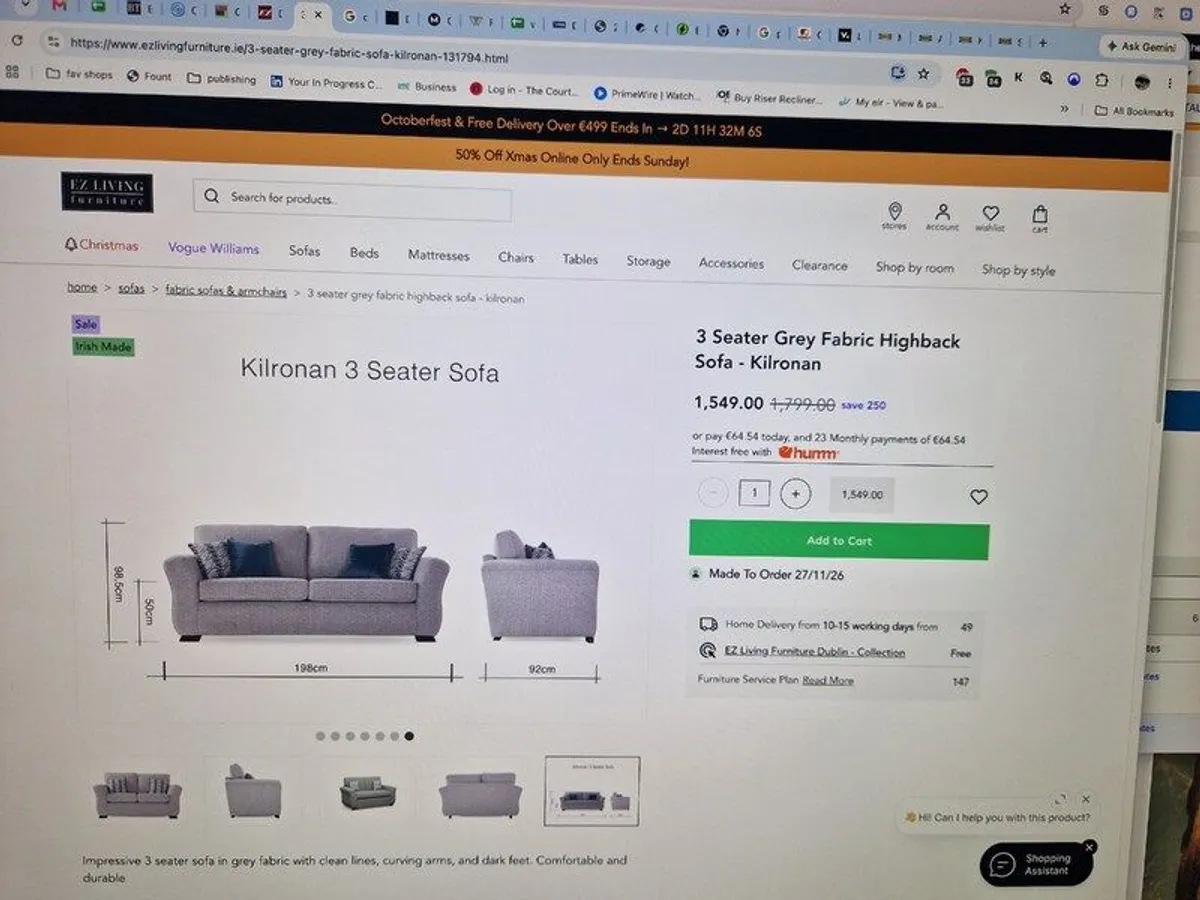 3 Seater Grey Fabric Highback Sofa - Kilronan - Image 4