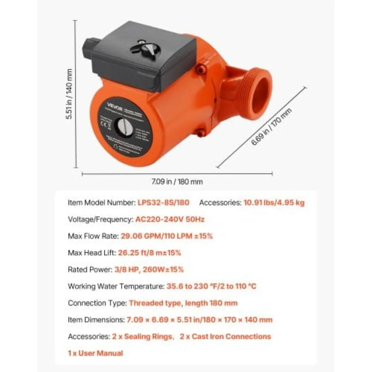 LPS32-8S/180 Cast Iron Circulator Pump, 3/8 HP, 22 - Image 4
