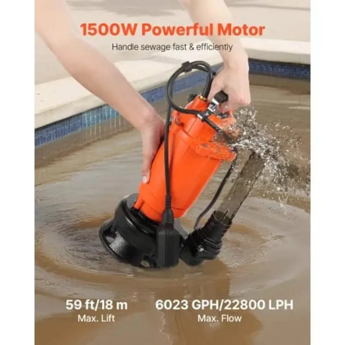 1500W Submersible Trash Pump, 22800 L/H, Cast Iron - Image 3