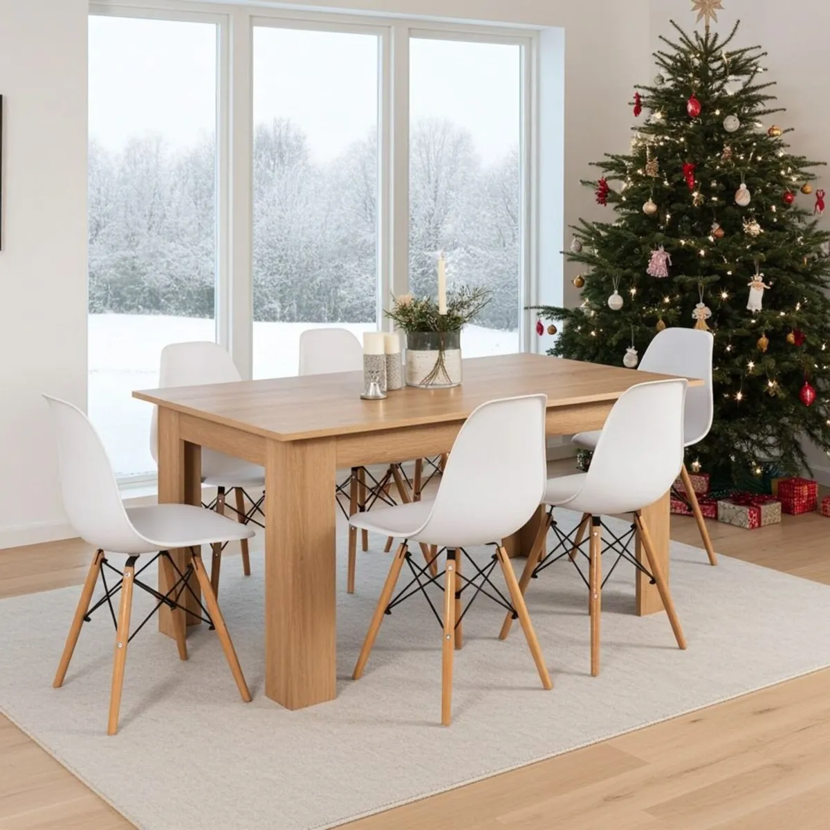6 Seater Wooden Dining Table Set Nordic Style OaK - Image 1