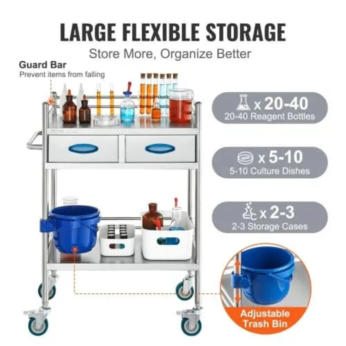 Lab Serving Cart, 2 Layers Stainless Steel Utility - Image 2