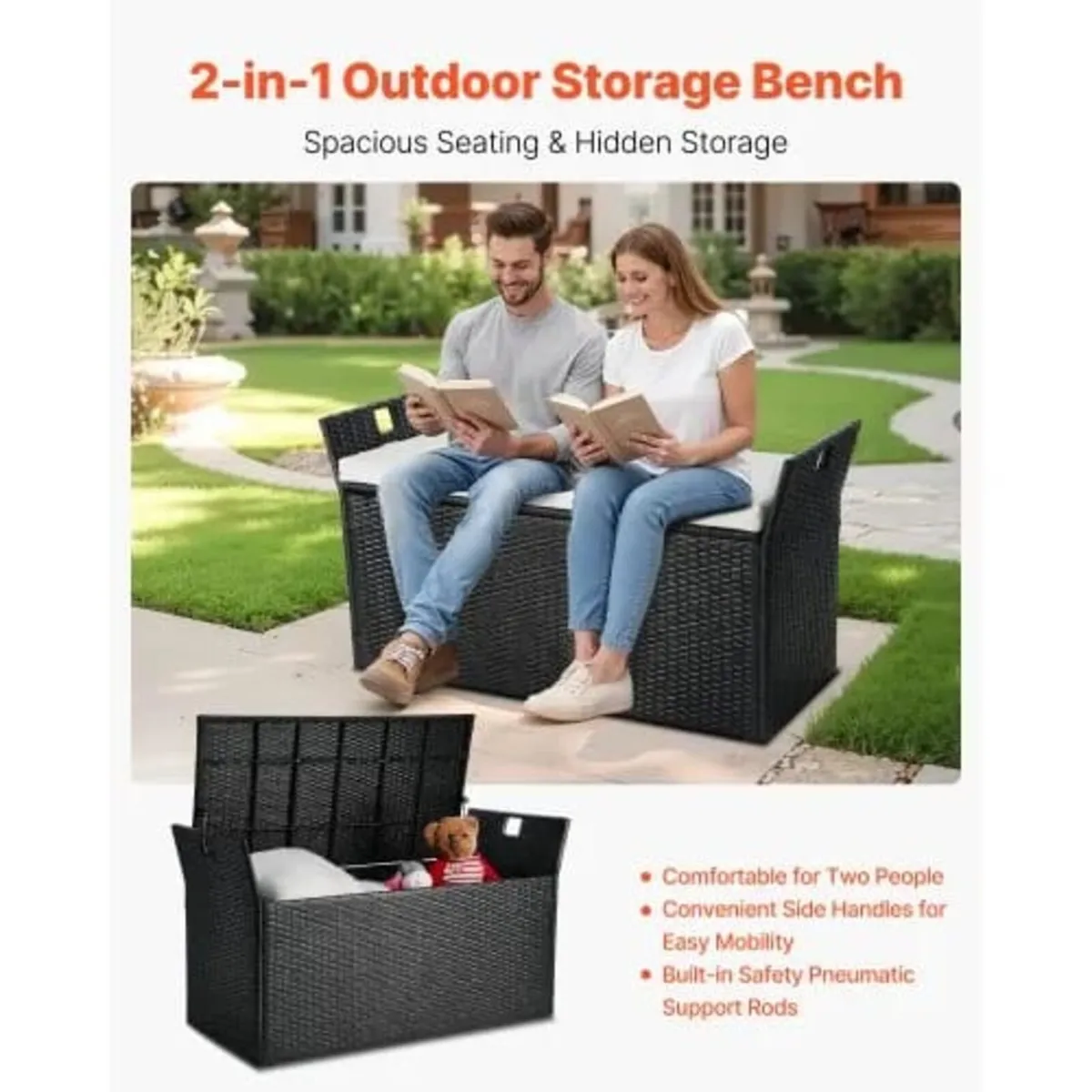 Outdoor Storage Bench, 2-Person PE Rattan Storage - Image 3