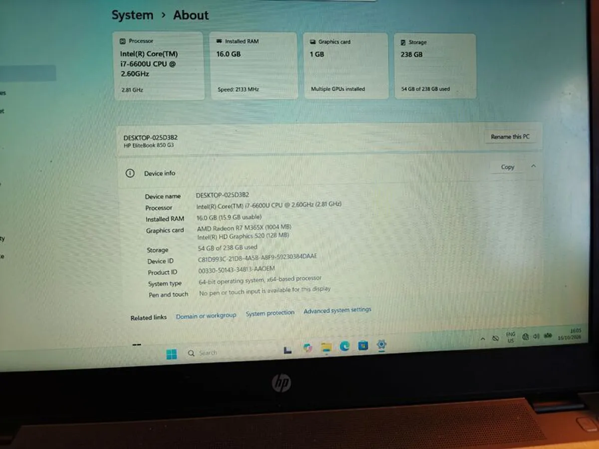 Hp Elitebook 850 G3 I7-6600u 16gb Ram 238gb Ssd - Image 2