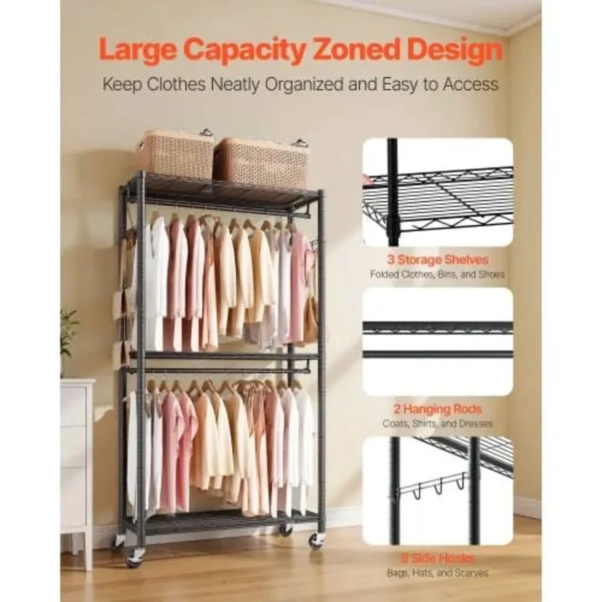 Rolling Clothes Rack, Heavy Duty Clothing Garment - Image 3