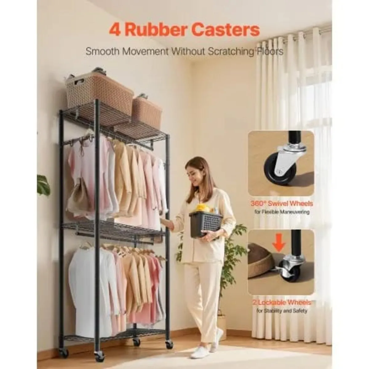 Rolling Clothes Rack, Heavy Duty Clothing Garment - Image 4