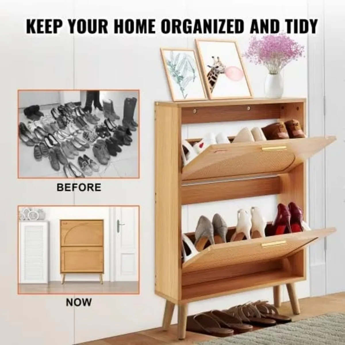 Shoe Cabinet with 2 Flip Drawers, Shoe Storage Cab - Image 4