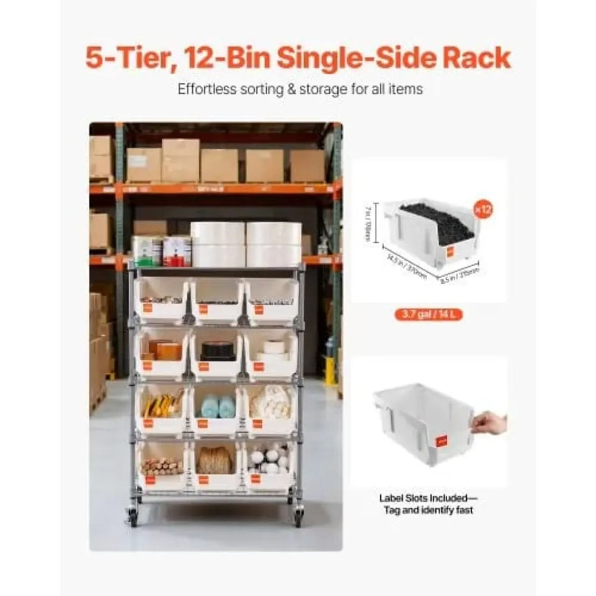 5-Tier Rolling Bin Storage Rack, 12 Organizer Bins - Image 3