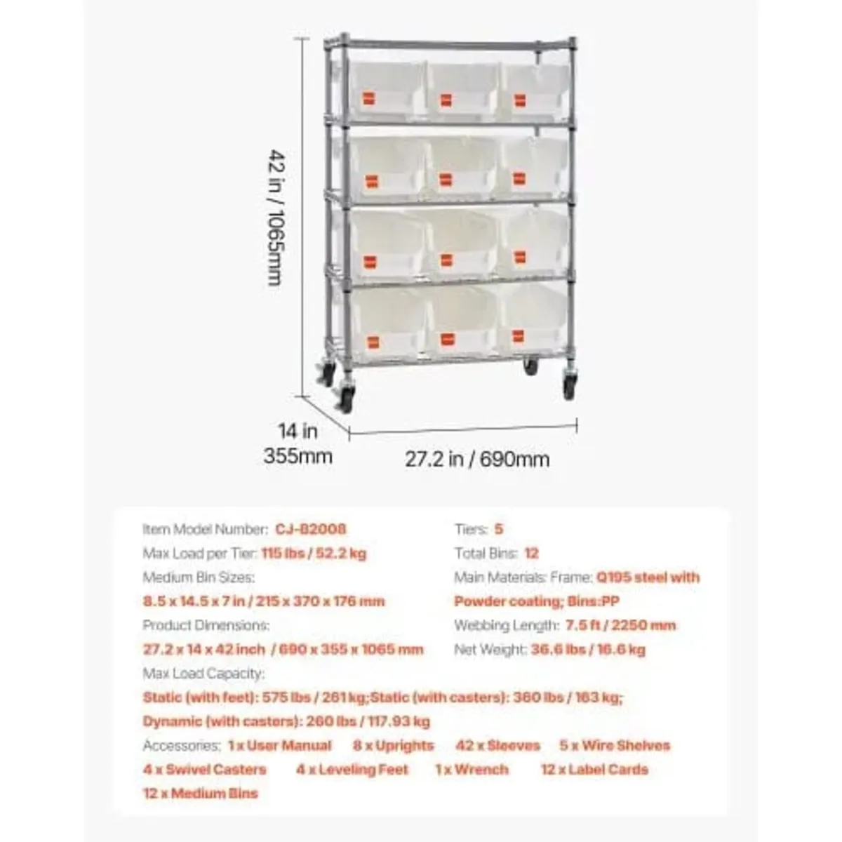 5-Tier Rolling Bin Storage Rack, 12 Organizer Bins - Image 4