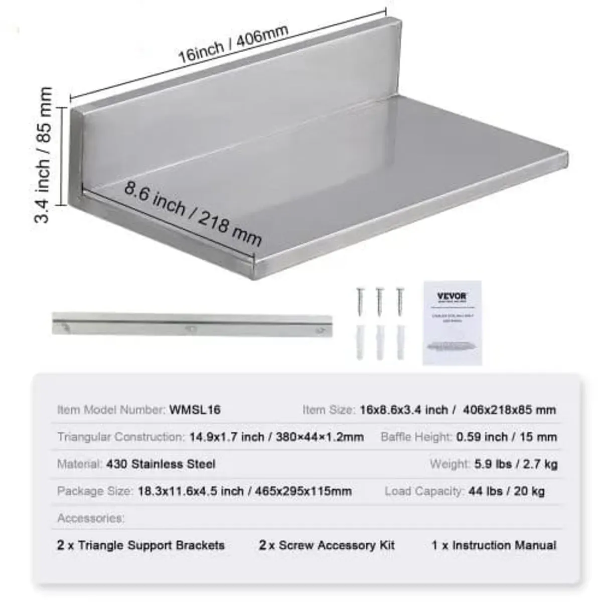 21.8 x 40.6 cm Stainless Steel Shelf, Wall Mounted - Image 2
