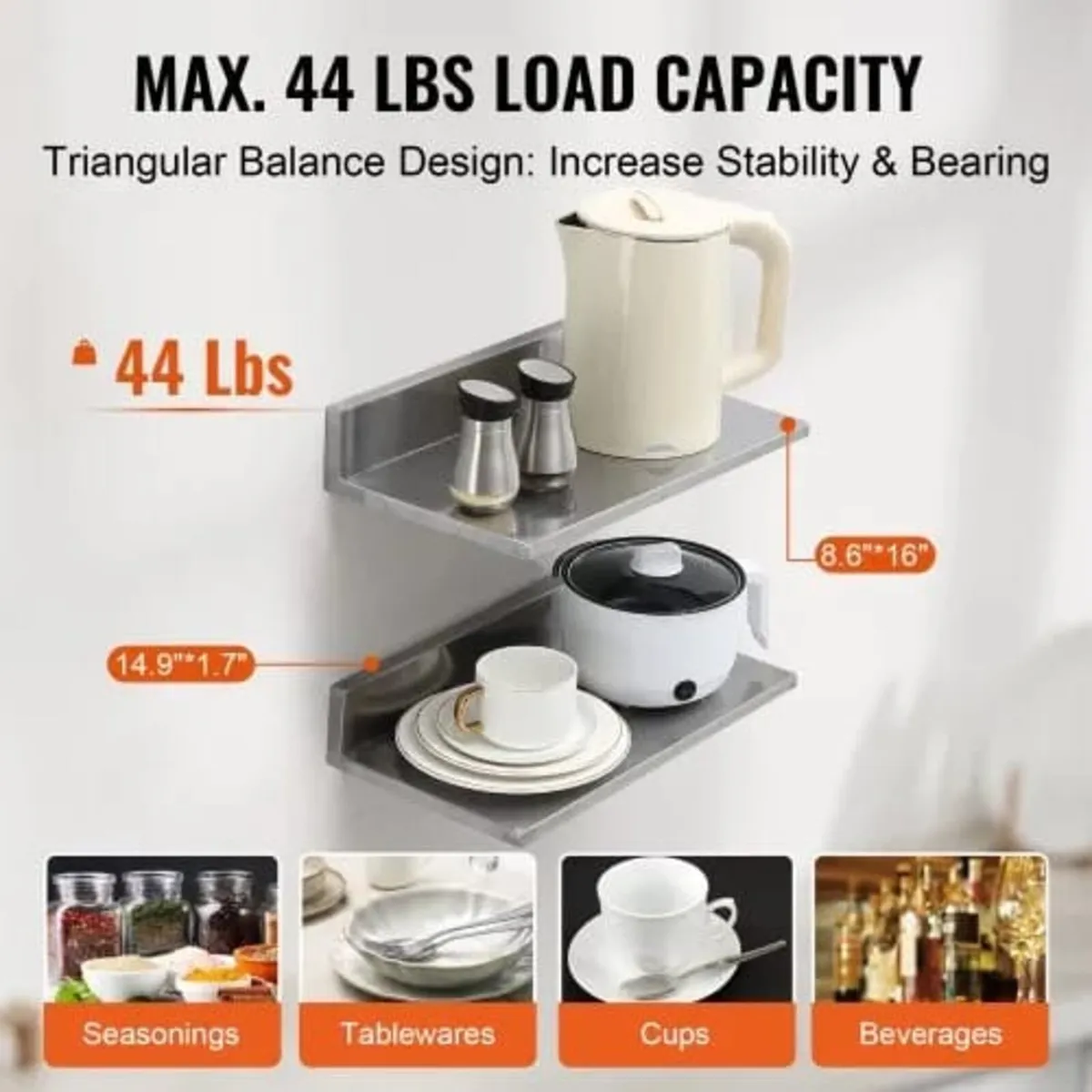 21.8 x 40.6 cm Stainless Steel Shelf, Wall Mounted - Image 3