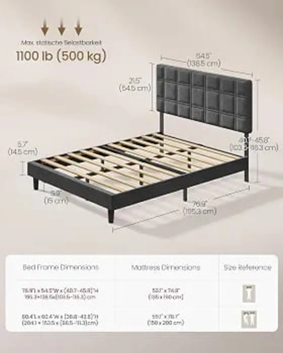 Double Bed Frame, Upholstered Bed with Adjustable - Image 4