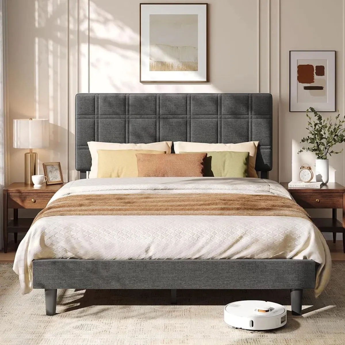 Double Bed Frame, Upholstered Bed with Adjustable - Image 1