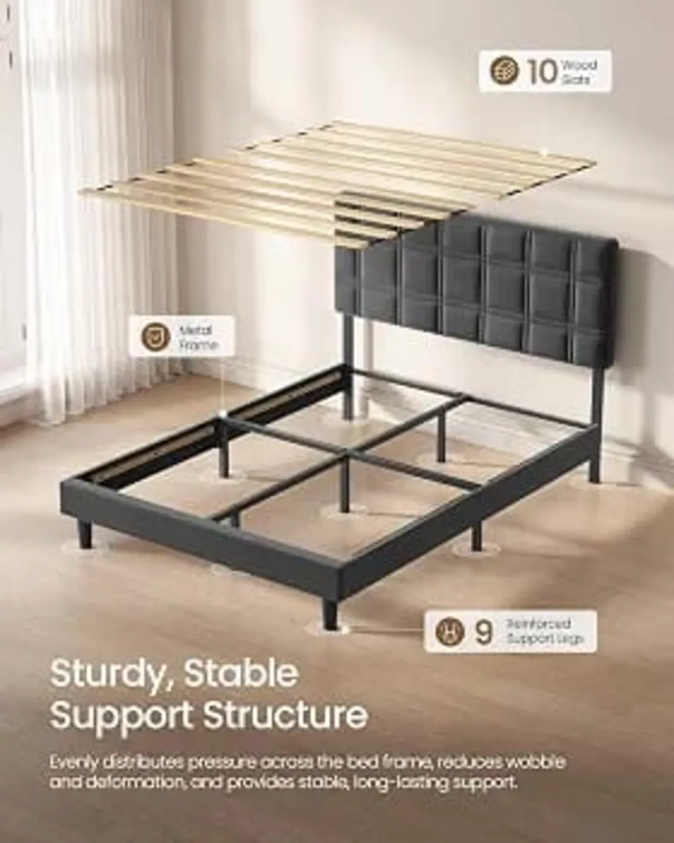 Double Bed Frame, Upholstered Bed with Adjustable - Image 3