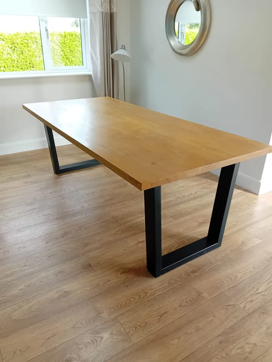Large oak dinning room table with black metal legs - Image 2