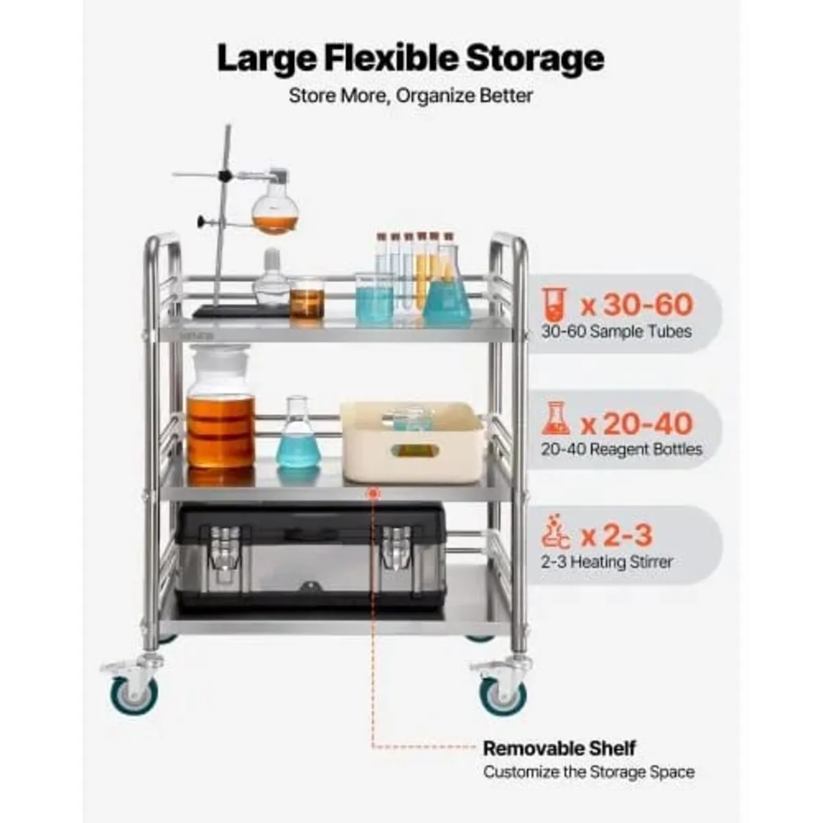 Stainless Steel Cart, 3-Tier Rolling Lab Utility C - Image 3