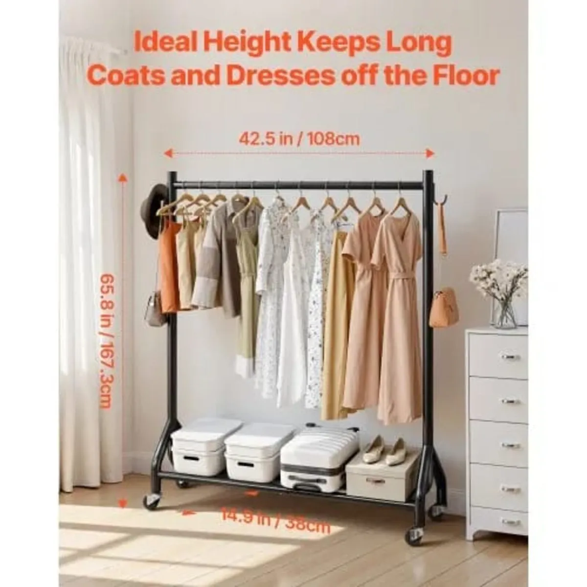Clothes Rack, Rolling Clothing Garment Rack with H - Image 3